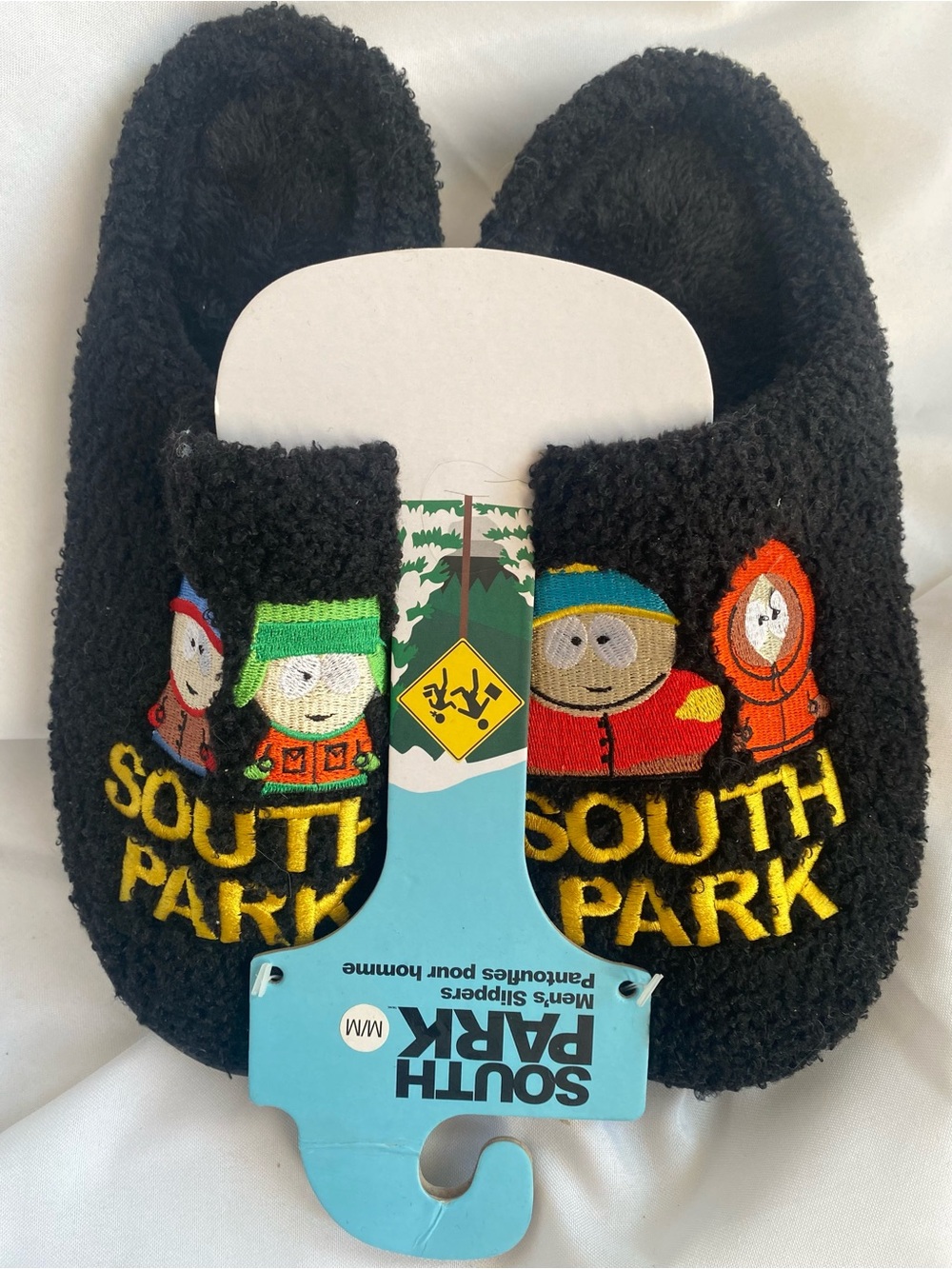 NWT South Park Mens Black Embroidered Slippers Slides Size 11 11.5 M Rubber Sole